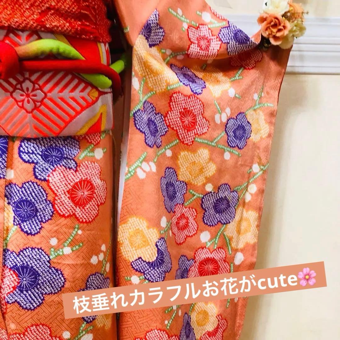 七五三豪華正絹7歳フルセット‼️可愛いオレンジ絞り柄花々煌びやか際立つ⭐︎作り帯付き