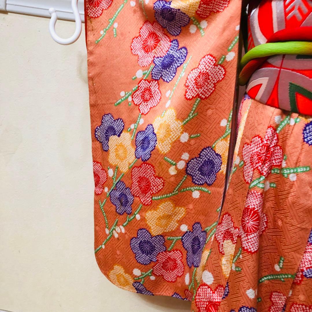 七五三豪華正絹7歳フルセット‼️可愛いオレンジ絞り柄花々煌びやか際立つ⭐︎作り帯付き