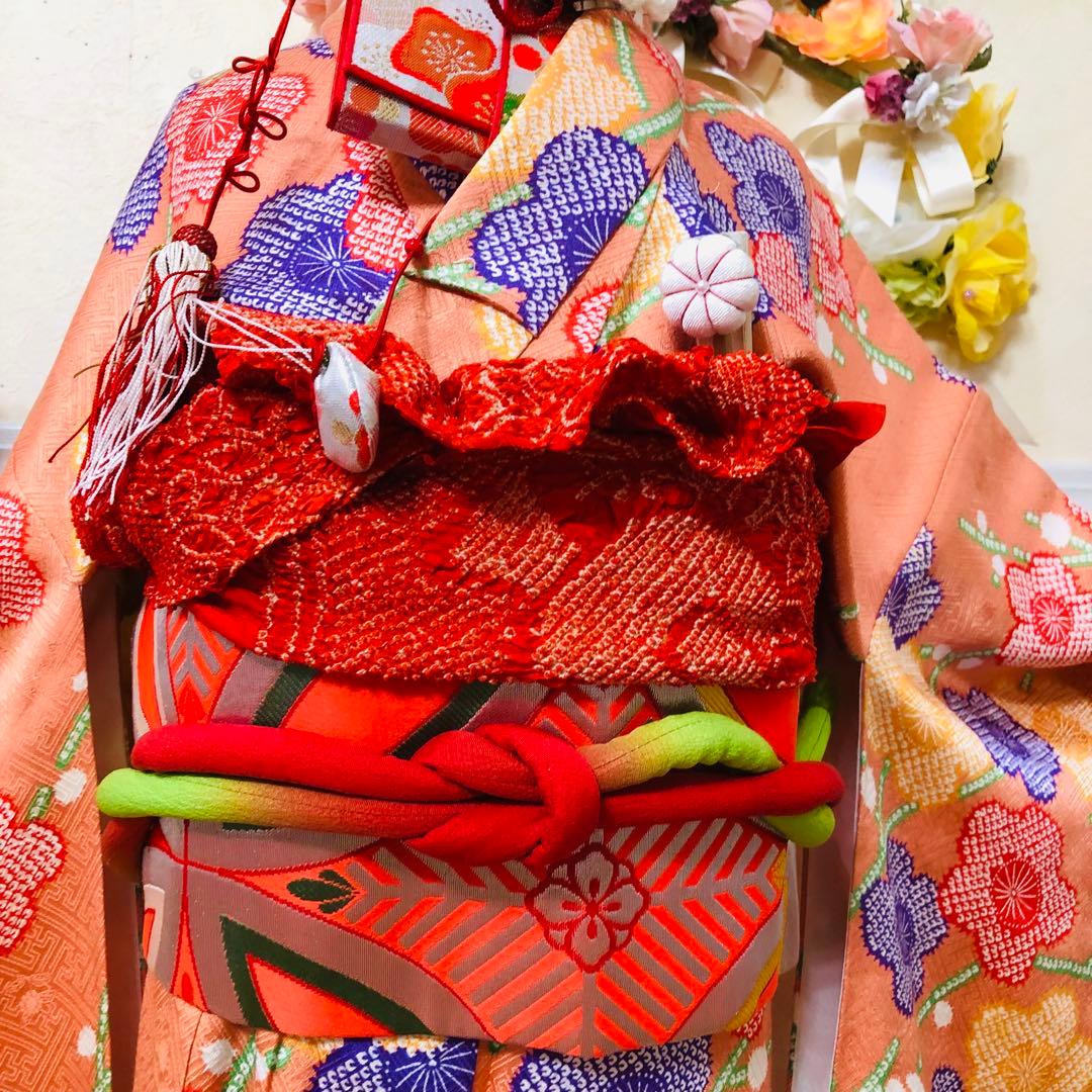 七五三豪華正絹7歳フルセット‼️可愛いオレンジ絞り柄花々煌びやか際立つ⭐︎作り帯付き