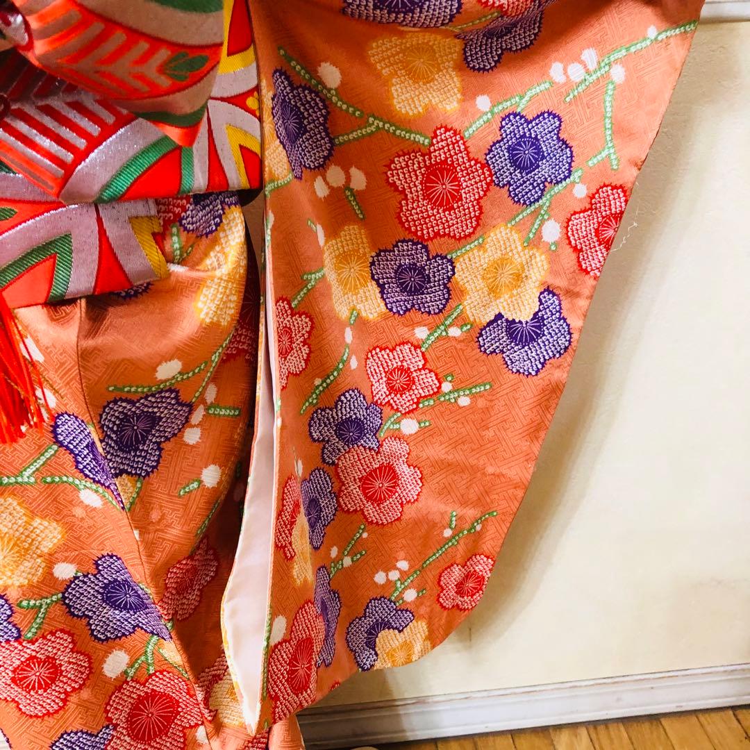 七五三豪華正絹7歳フルセット‼️可愛いオレンジ絞り柄花々煌びやか際立つ⭐︎作り帯付き