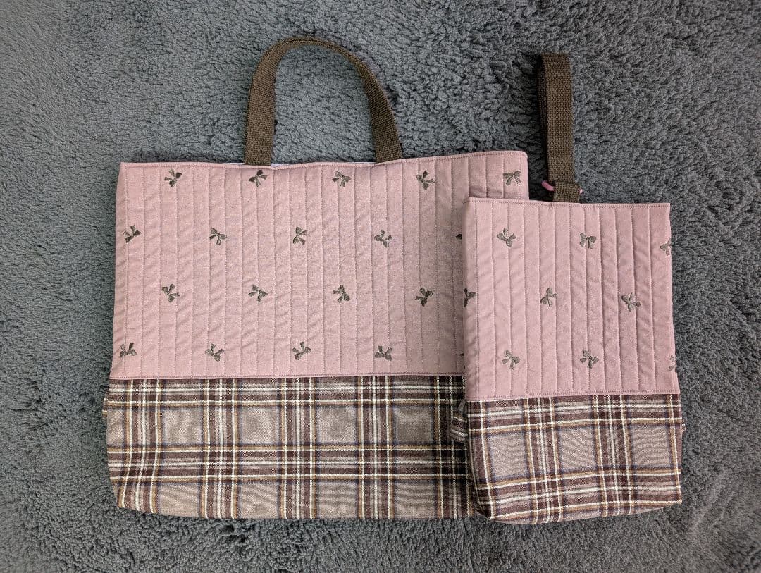 軽量入園入学グッズ＊レッスンバッグ&シューズバッグセットヌビ風キルトリボン刺繍