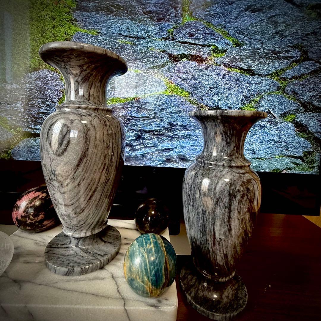 石製 花瓶 2点セット 大理石玉石透光 和モダン 庭園 置物 仏壇 花立て 侘寂
