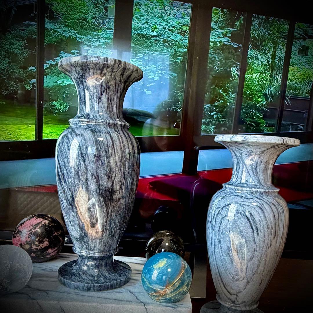 石製 花瓶 2点セット 大理石玉石透光 和モダン 庭園 置物 仏壇 花立て 侘寂