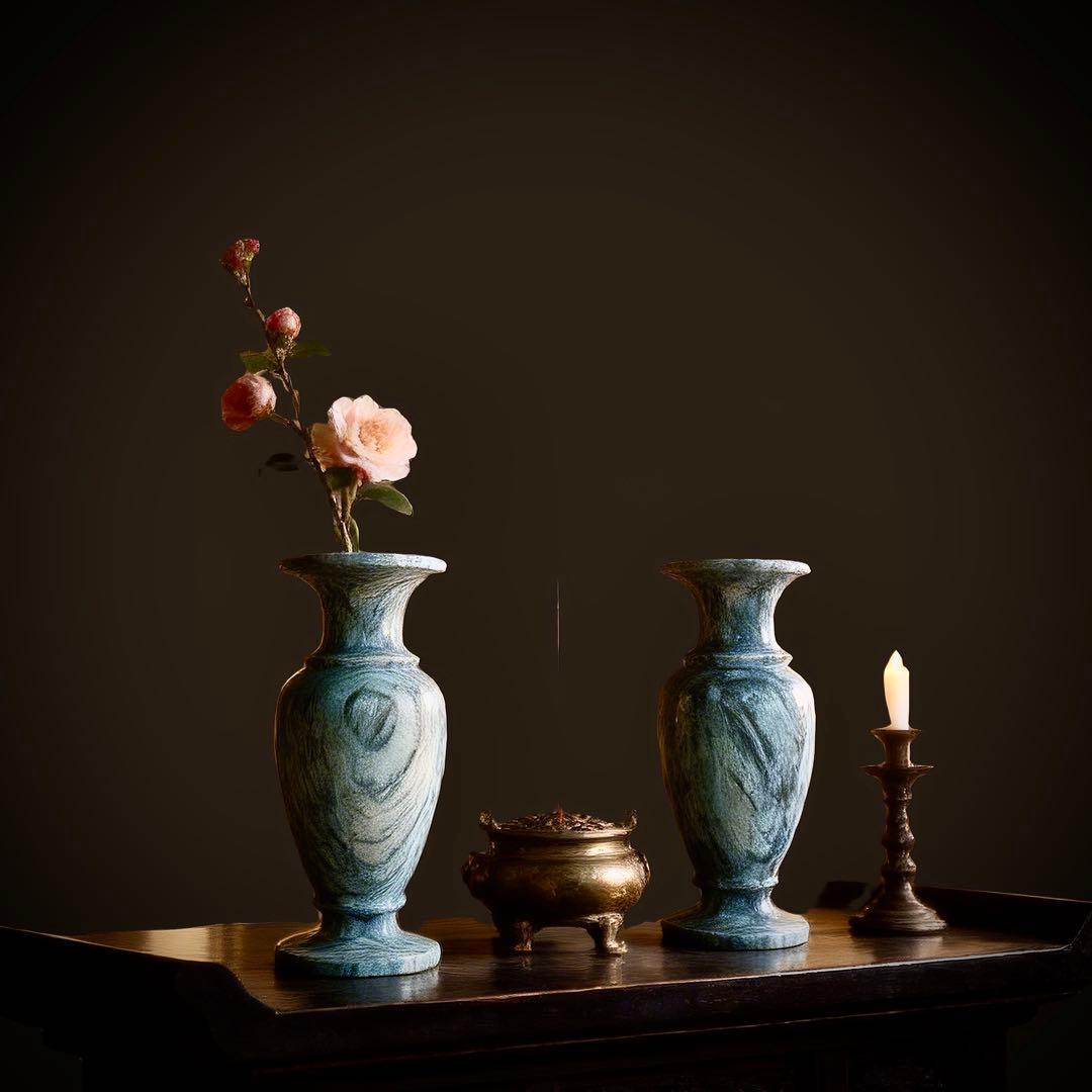 石製 花瓶 2点セット 大理石玉石透光 和モダン 庭園 置物 仏壇 花立て 侘寂