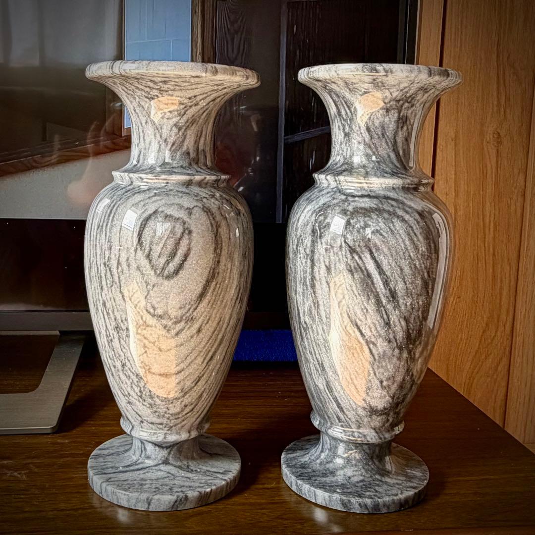 石製 花瓶 2点セット 大理石玉石透光 和モダン 庭園 置物 仏壇 花立て 侘寂