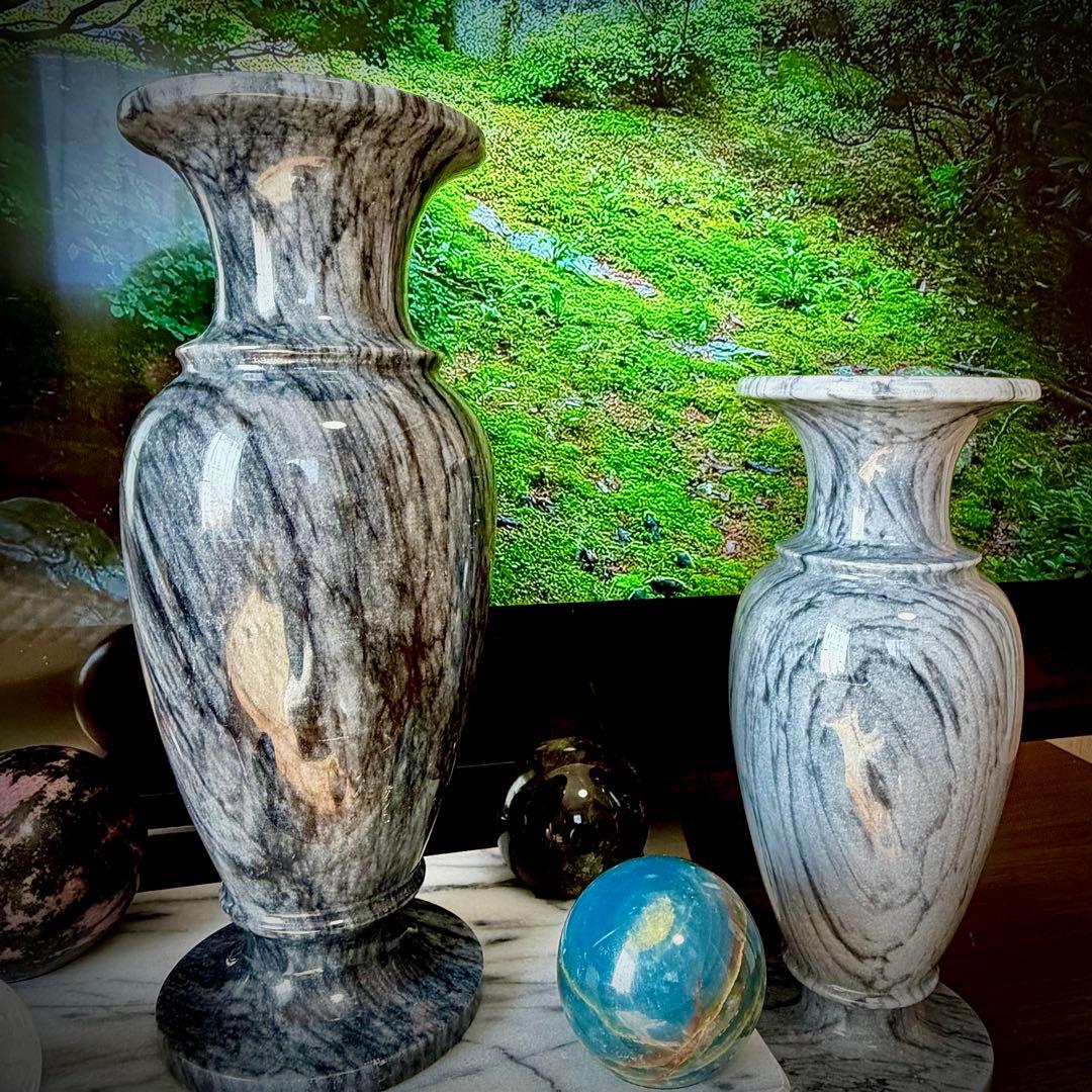 石製 花瓶 2点セット 大理石玉石透光 和モダン 庭園 置物 仏壇 花立て 侘寂