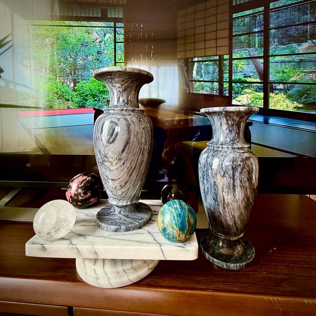 石製 花瓶 2点セット 大理石玉石透光 和モダン 庭園 置物 仏壇 花立て 侘寂