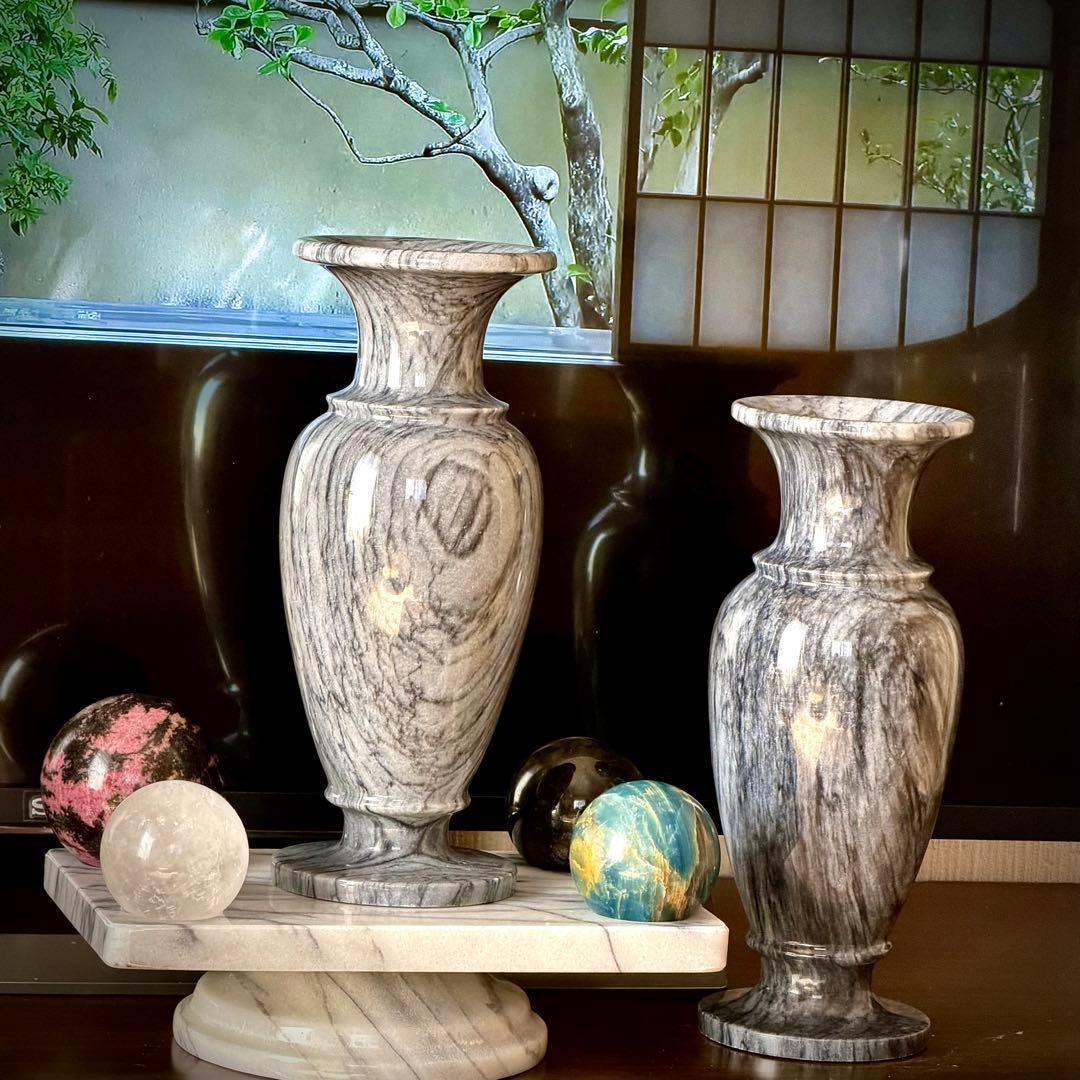石製 花瓶 2点セット 大理石玉石透光 和モダン 庭園 置物 仏壇 花立て 侘寂