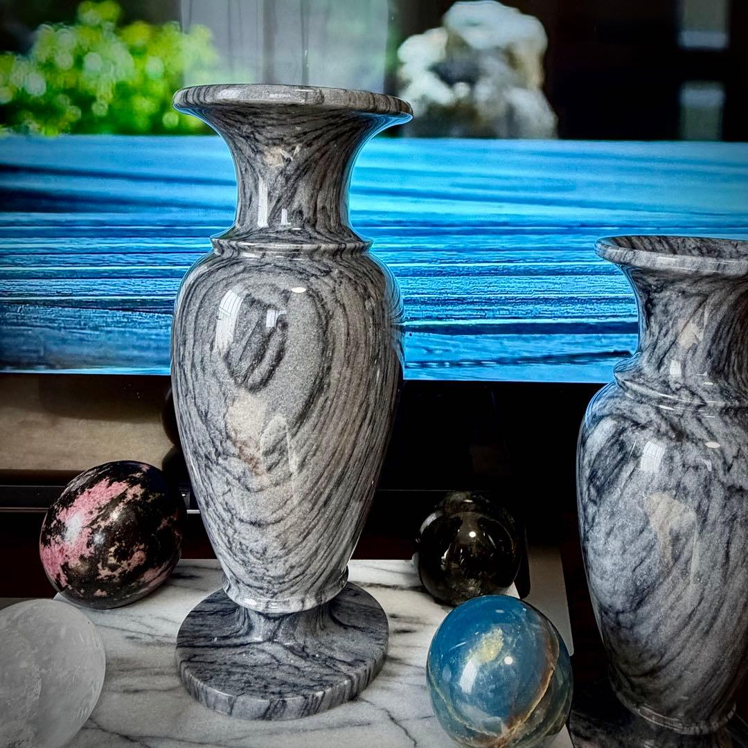 石製 花瓶 2点セット 大理石玉石透光 和モダン 庭園 置物 仏壇 花立て 侘寂