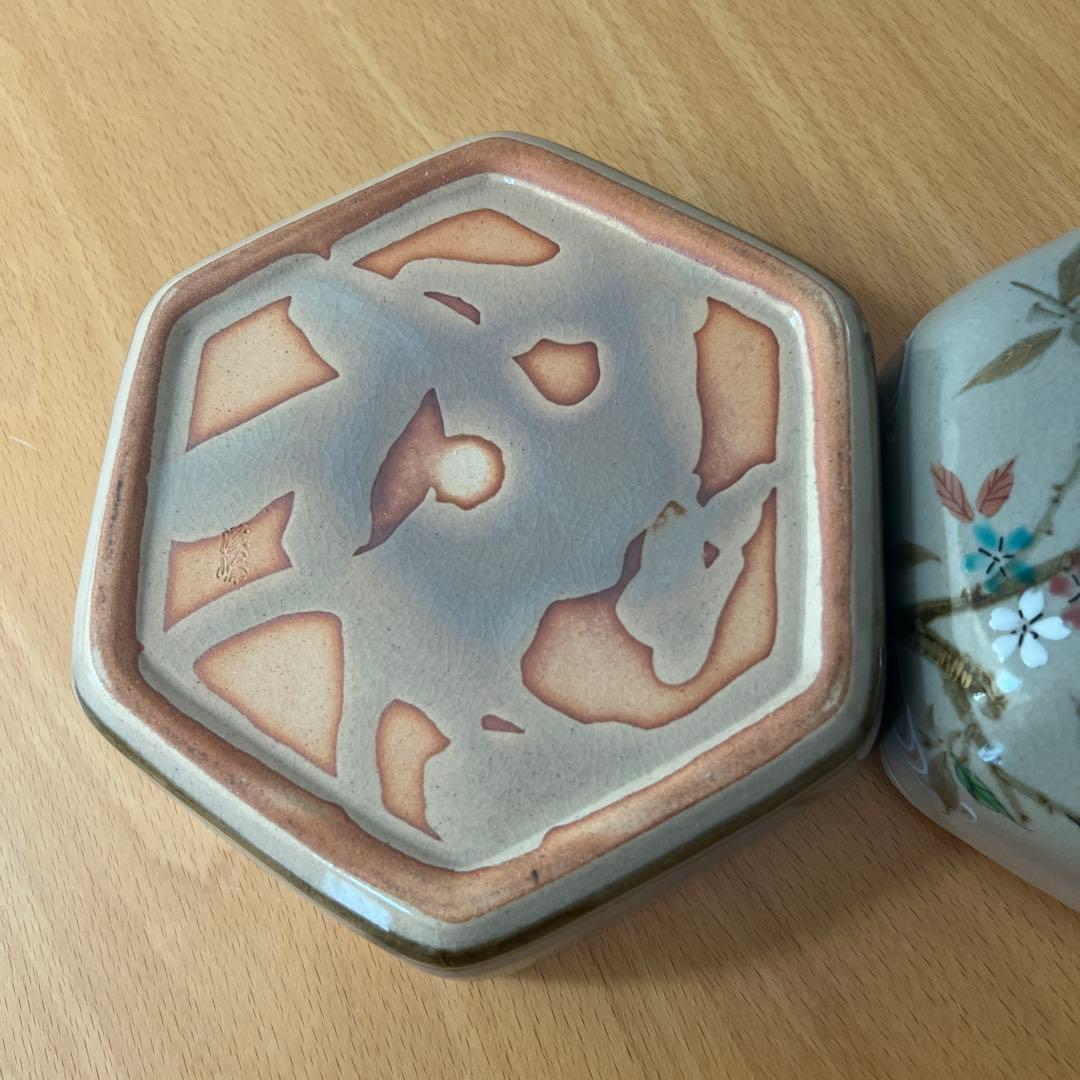 京焼　渓峰窯　渡辺渓峰　桜六角陶箱　菓子箱菓子茶道具　蓋物　※箱無し