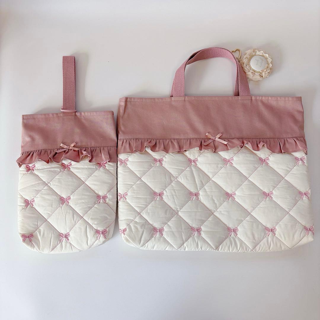 ヌビ　りぼん　刺繍生地　レッスンバッグ　上履き袋　体操着袋　キルティング　キルト