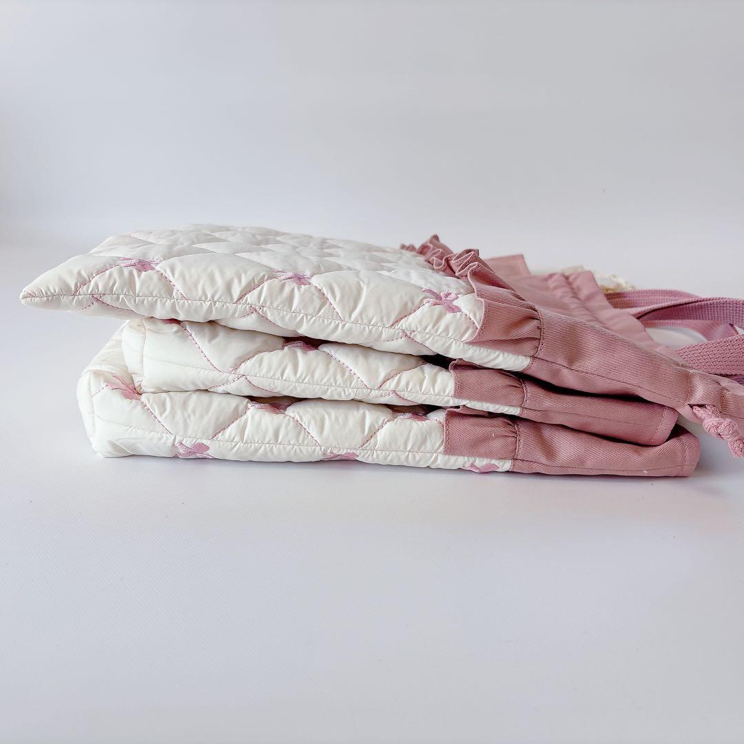 ヌビ　りぼん　刺繍生地　レッスンバッグ　上履き袋　体操着袋　キルティング　キルト