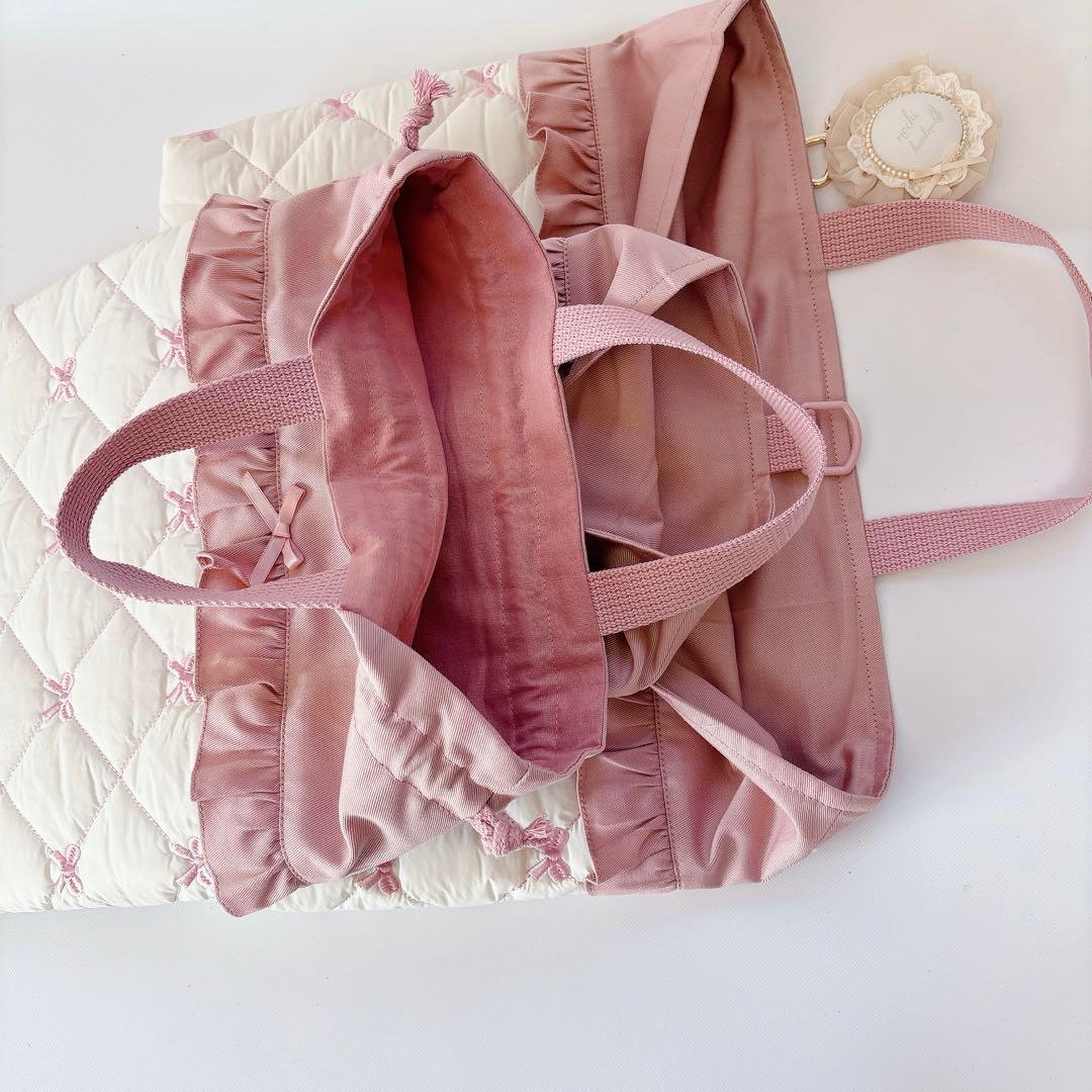 ヌビ　りぼん　刺繍生地　レッスンバッグ　上履き袋　体操着袋　キルティング　キルト