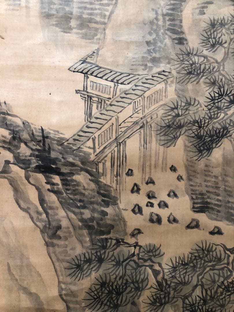 掛軸 ／絖本　／小栗憲一［山水人物図］肉筆 山水画！53