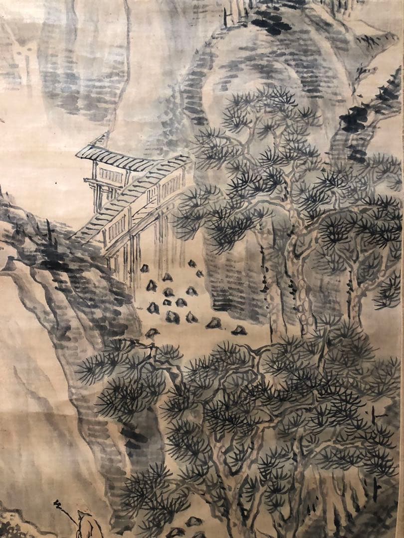 掛軸 ／絖本　／小栗憲一［山水人物図］肉筆 山水画！53