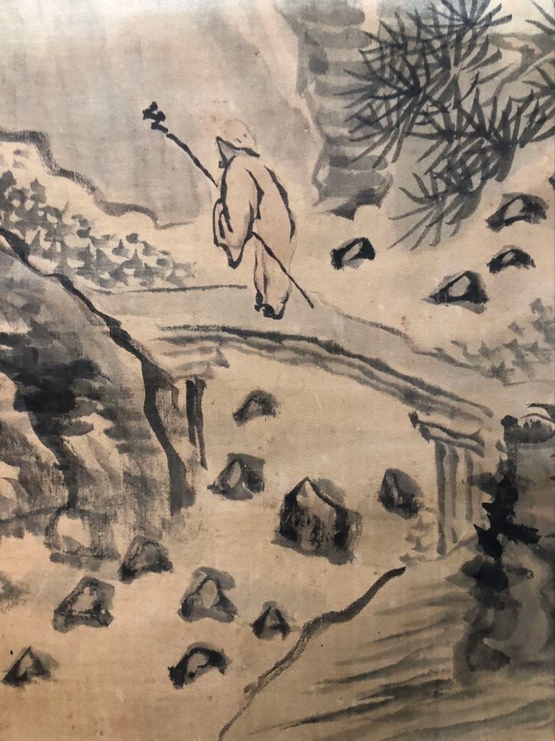 掛軸 ／絖本　／小栗憲一［山水人物図］肉筆 山水画！53