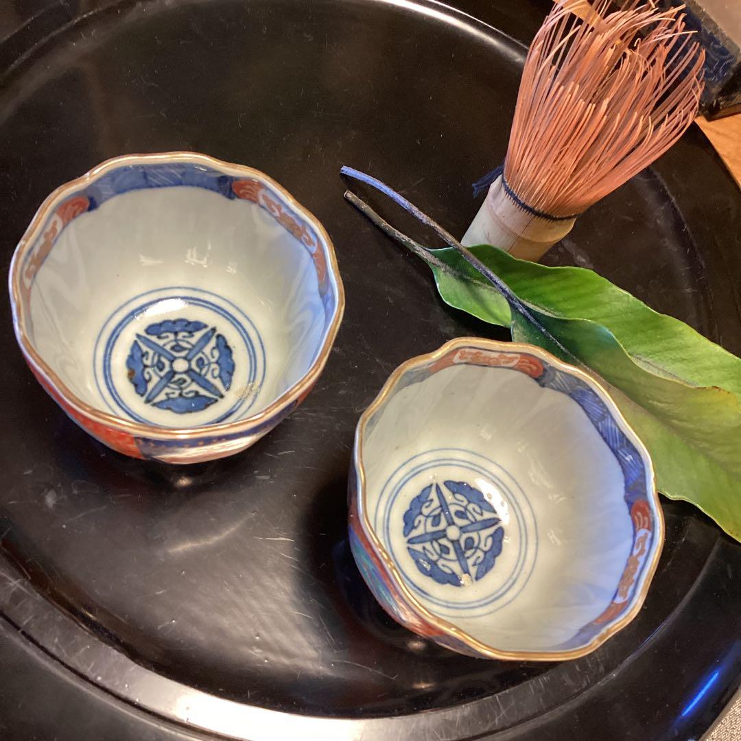 A887古伊万里　染錦手　窓絵　鳳凰　団龍　紋様　蕎麦猪口　向付　2客