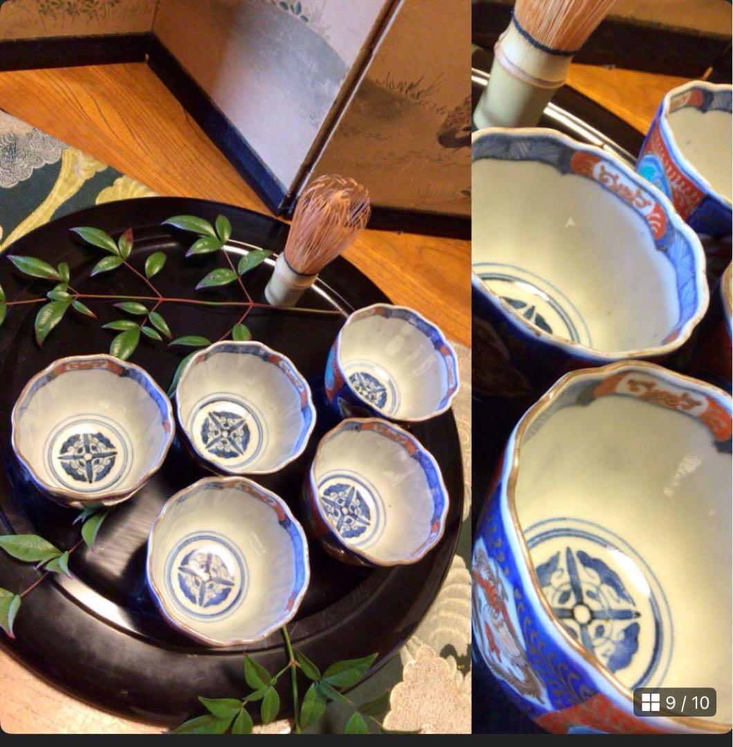 A887古伊万里　染錦手　窓絵　鳳凰　団龍　紋様　蕎麦猪口　向付　2客