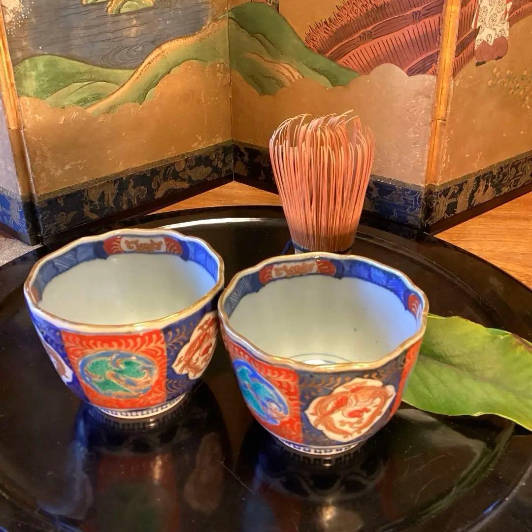 A887古伊万里　染錦手　窓絵　鳳凰　団龍　紋様　蕎麦猪口　向付　2客