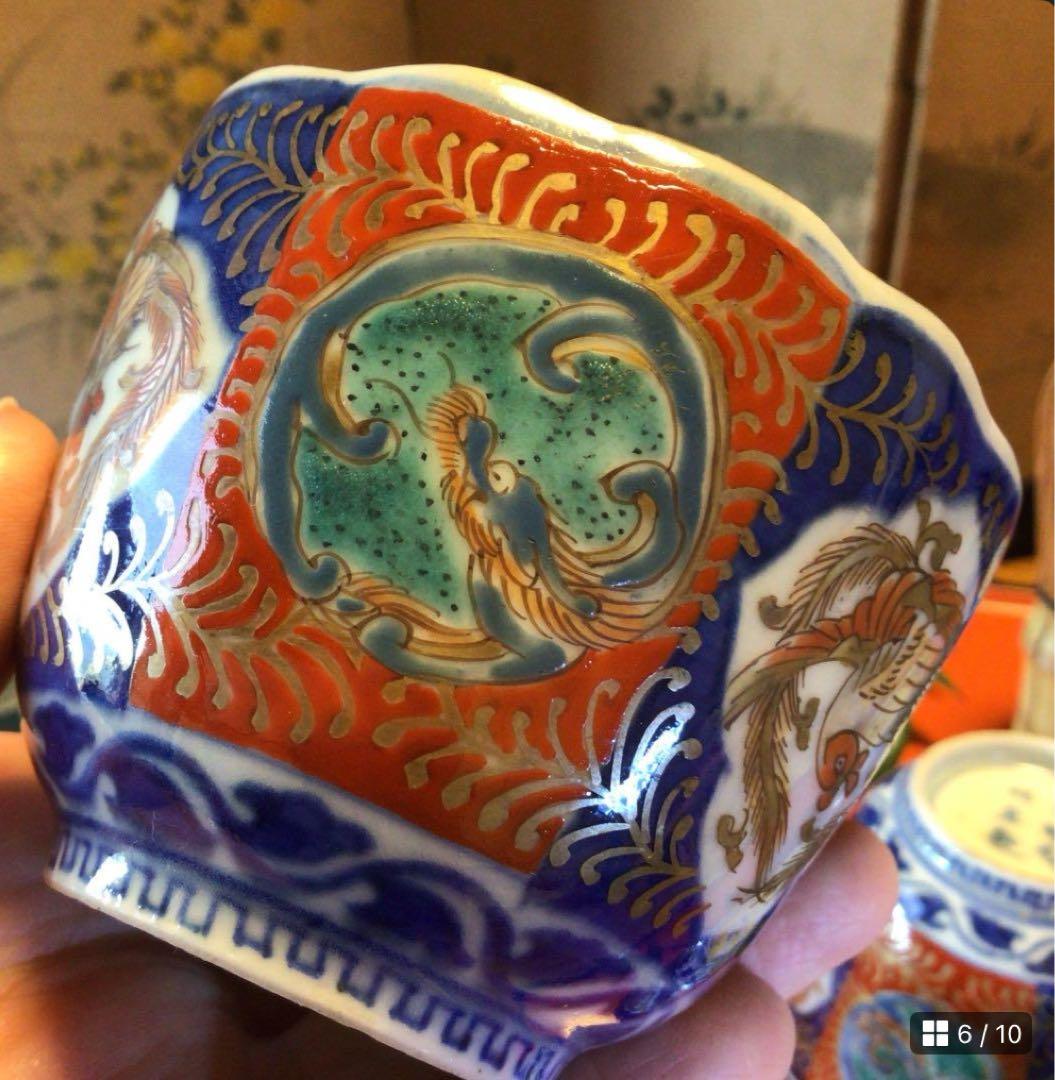 A887古伊万里　染錦手　窓絵　鳳凰　団龍　紋様　蕎麦猪口　向付　2客