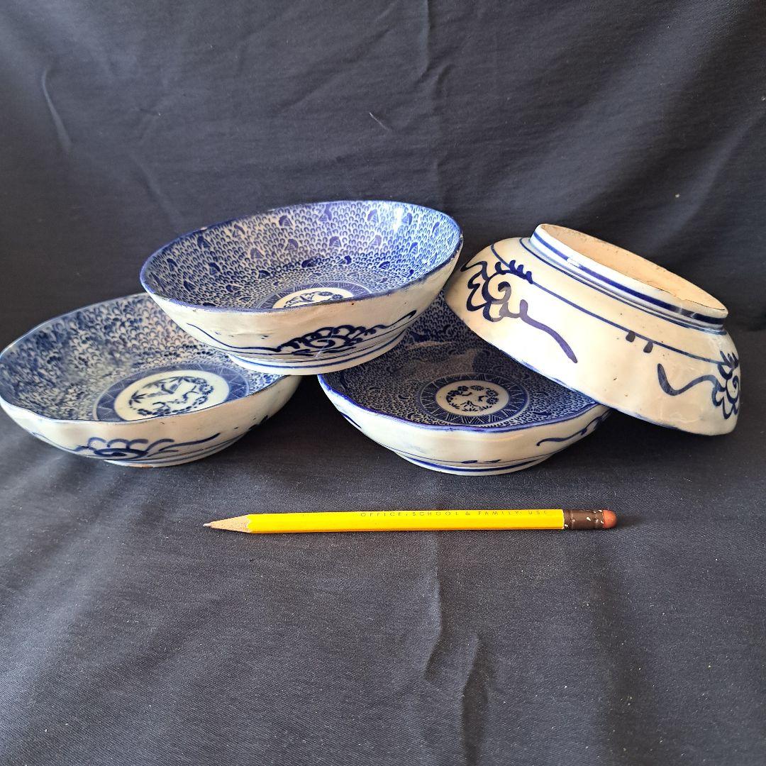 「ベロ藍の微塵唐草(みじんからくさ)」印版染付皿(直径15cm) 4客セット 骨