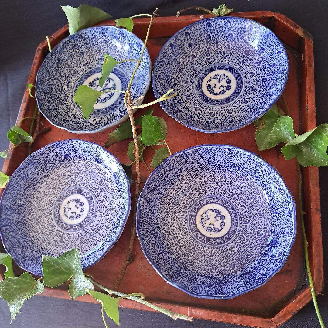 「ベロ藍の微塵唐草(みじんからくさ)」印版染付皿(直径15cm) 4客セット 骨