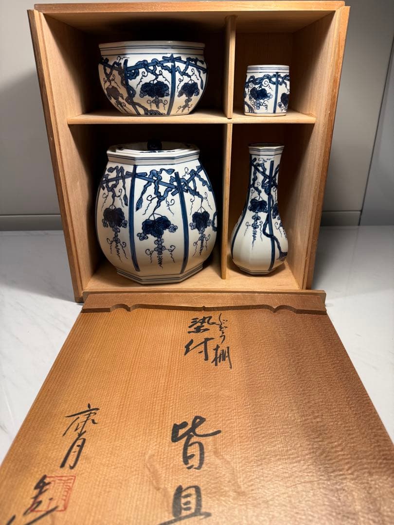 皆具　『平安　鈴木康月造』『染付』『ぶどう棚皆具』　共箱　茶道具