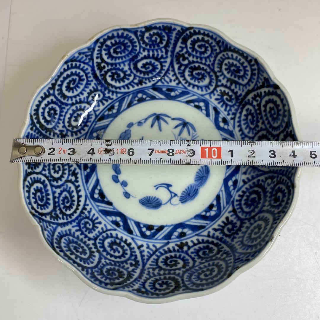 古伊万里　染付蛸唐草　扇面皿　膾皿　幅20.2㎝直径14.7㎝東な7-0405①