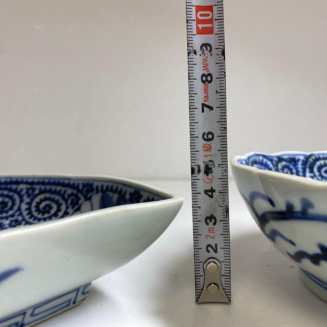 古伊万里　染付蛸唐草　扇面皿　膾皿　幅20.2㎝直径14.7㎝東な7-0405①