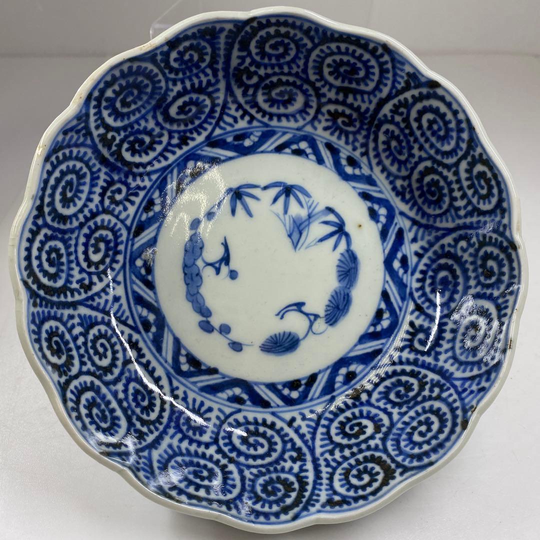 古伊万里　染付蛸唐草　扇面皿　膾皿　幅20.2㎝直径14.7㎝東な7-0405①