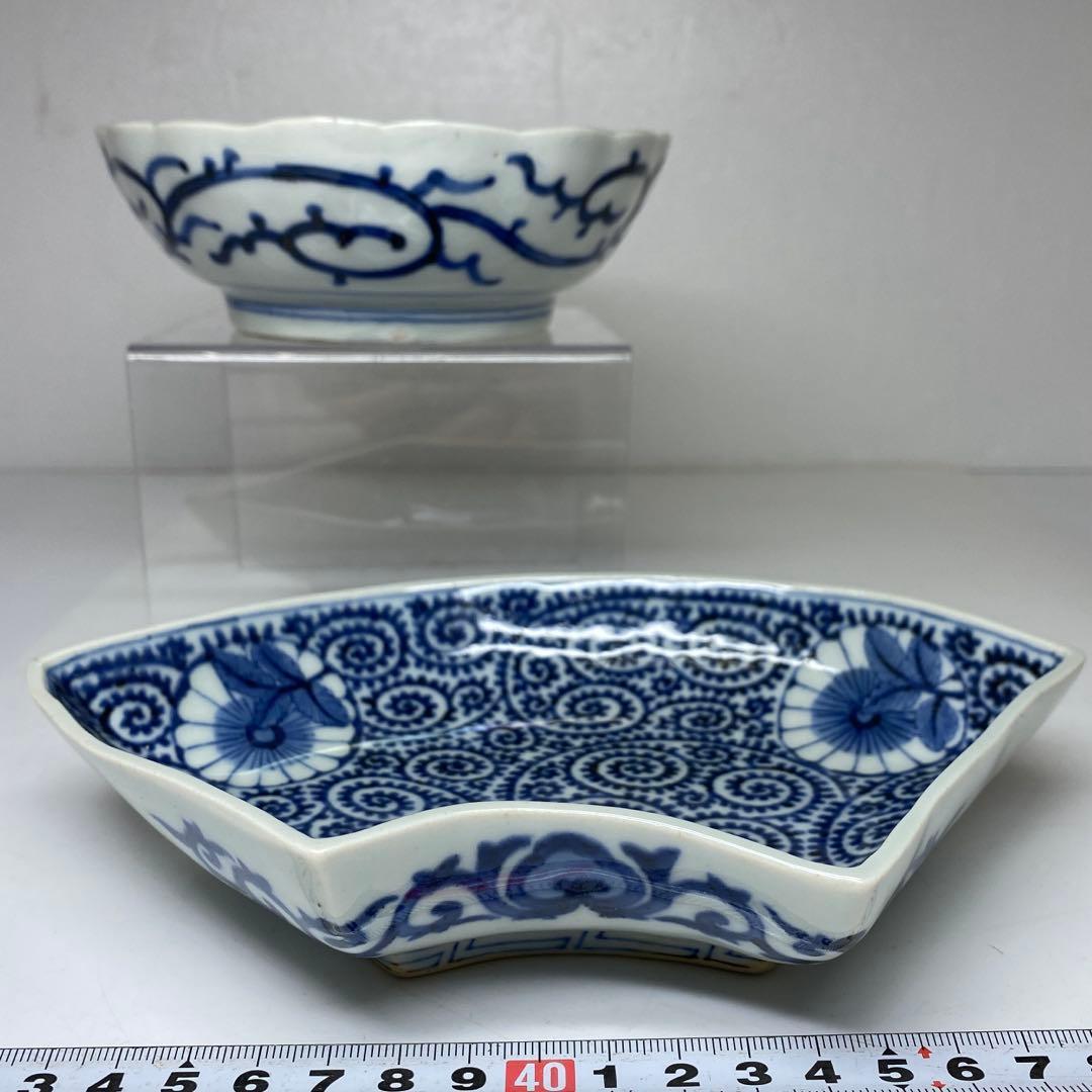 古伊万里　染付蛸唐草　扇面皿　膾皿　幅20.2㎝直径14.7㎝東な7-0405①