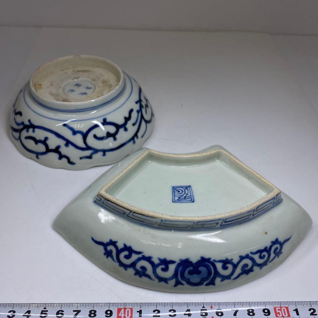 古伊万里　染付蛸唐草　扇面皿　膾皿　幅20.2㎝直径14.7㎝東な7-0405①