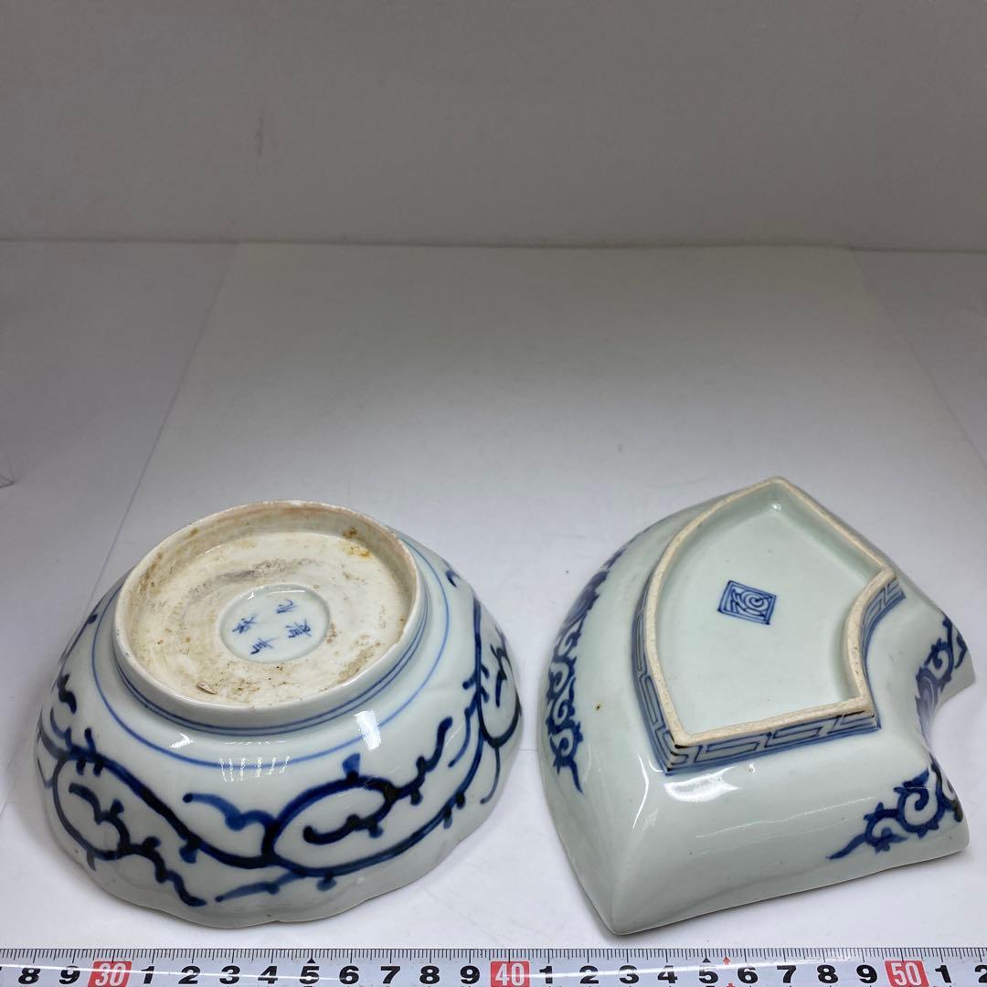 古伊万里　染付蛸唐草　扇面皿　膾皿　幅20.2㎝直径14.7㎝東な7-0405①