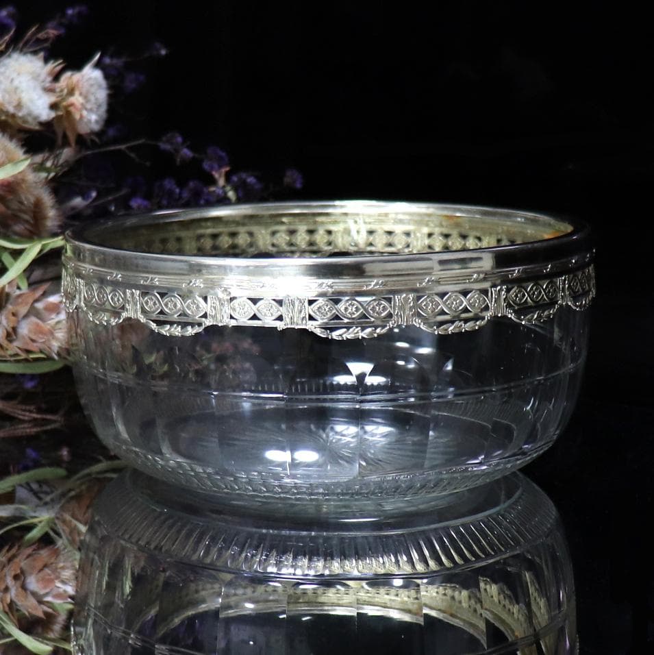 オールド・バカラ 1900年頃 多面体カット 銀装飾 大型鉢 ボウル 小物入れ