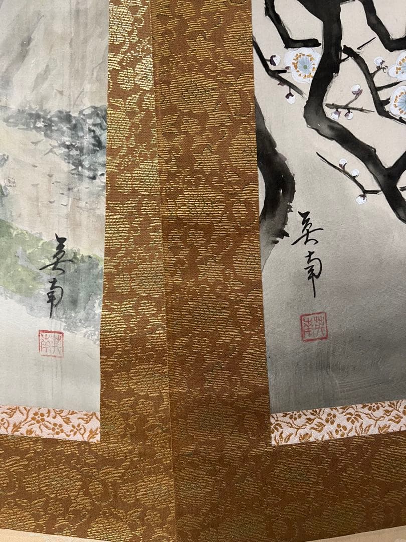 掛け軸　日本画 英南 絵［四季山水図］絹本　肉筆　共箱！
