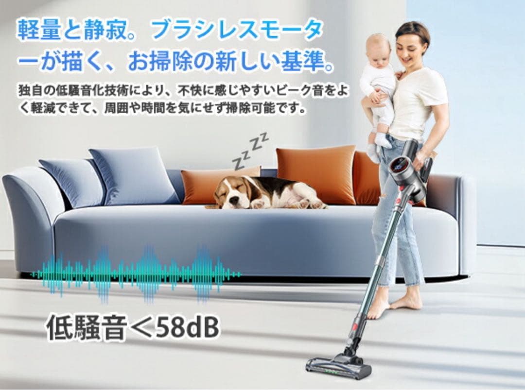 掃除機 コードレス　グリーンLEDライト付60Kpa強力吸引　65分連続稼働