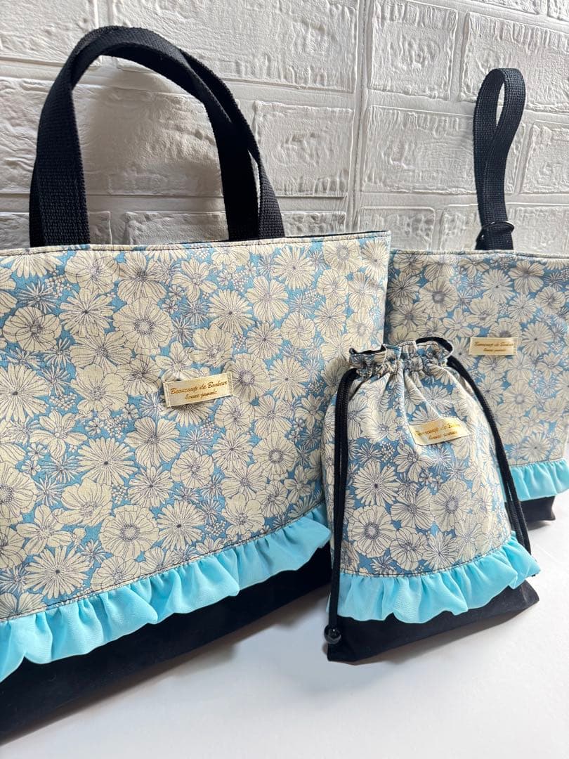 ターコイズブルー　レッスンバッグ　入園入学準備　巾着　給食袋　上履き入れ　手提げ