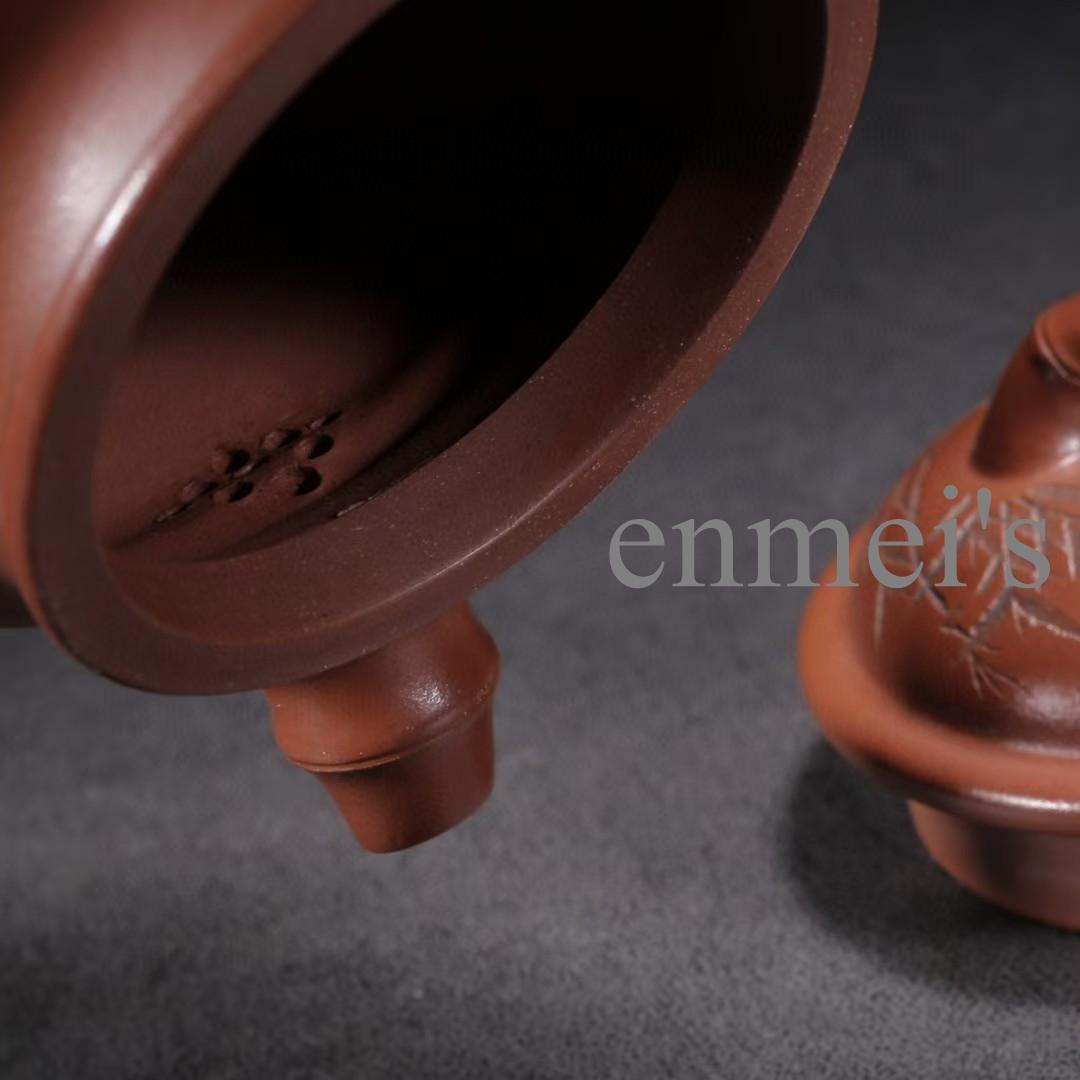 中国古美術・原鉱紅泥・竹鼎紫砂急須・ 底款:朱可心作・花柄彫刻·紅泥茶壺・茶道具