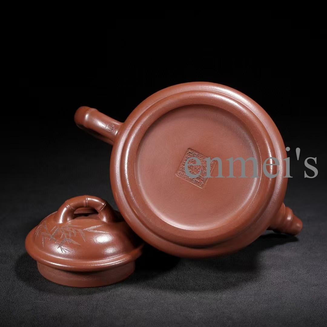 中国古美術・原鉱紅泥・竹鼎紫砂急須・ 底款:朱可心作・花柄彫刻·紅泥茶壺・茶道具