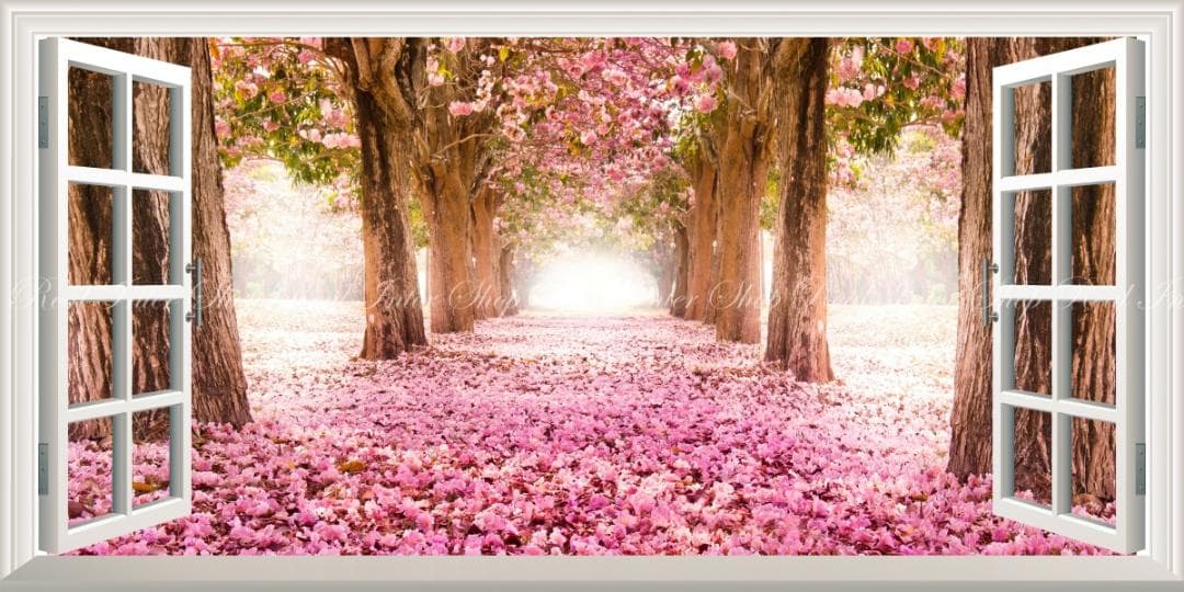 【パノラマ窓仕様】さくら並木 鮮やかな桜の絨毯 並木道 花びら絨毯 壁紙ポスター