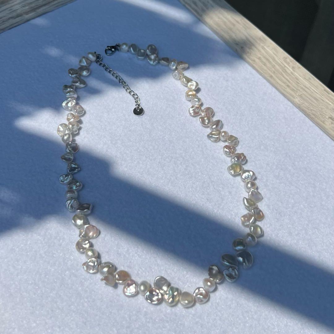 花びらケシパール一連ネックレス　淡水パールネックレス　メタリック　淡水本真珠