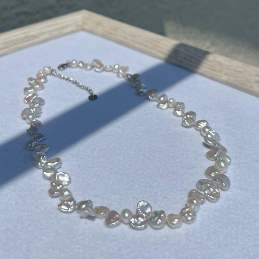 花びらケシパール一連ネックレス　淡水パールネックレス　メタリック　淡水本真珠
