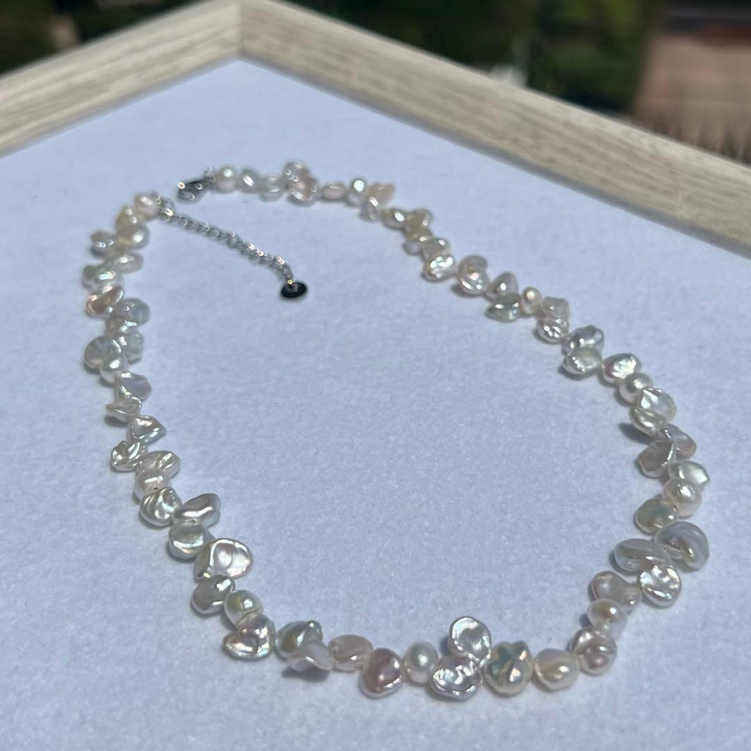 花びらケシパール一連ネックレス　淡水パールネックレス　メタリック　淡水本真珠