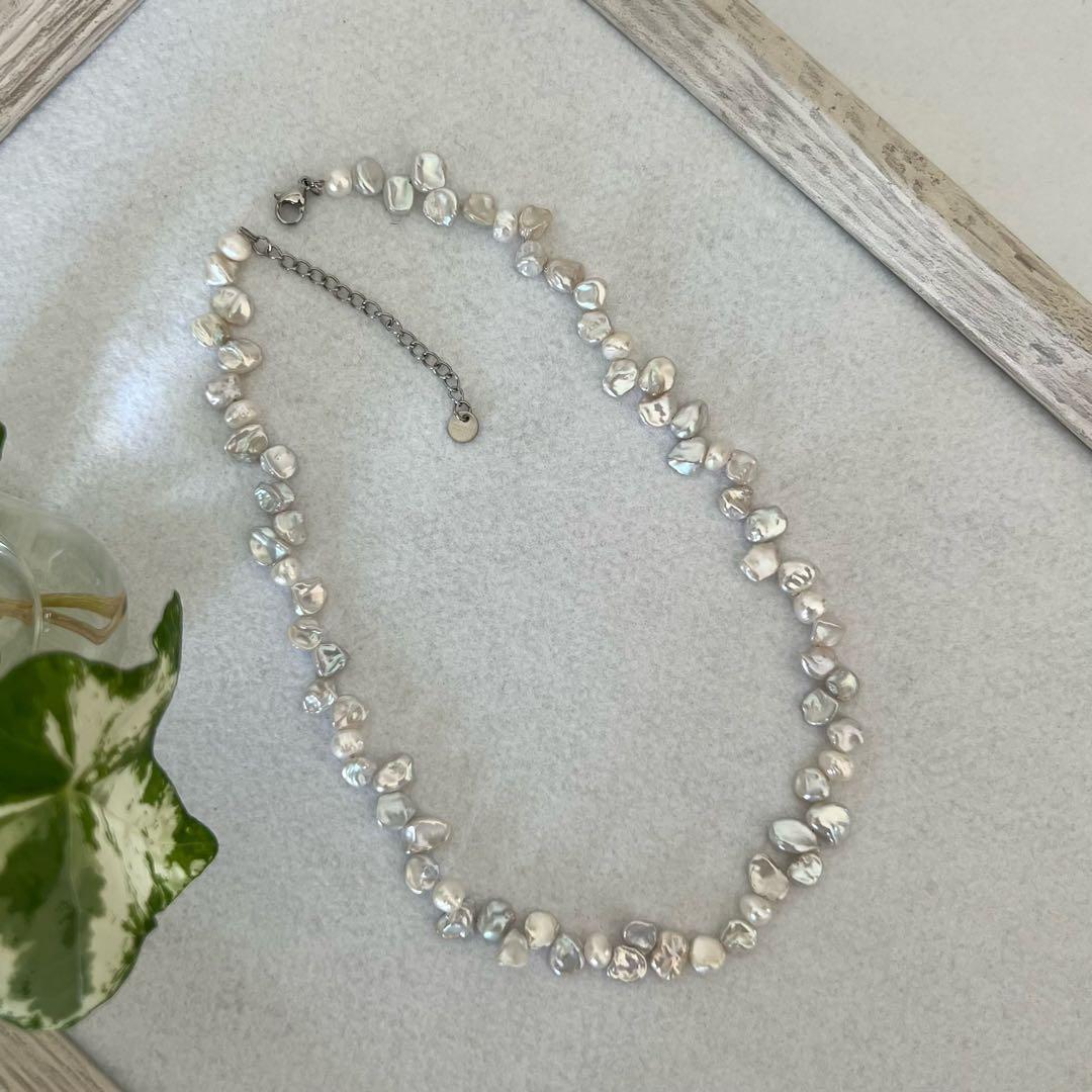 花びらケシパール一連ネックレス　淡水パールネックレス　メタリック　淡水本真珠