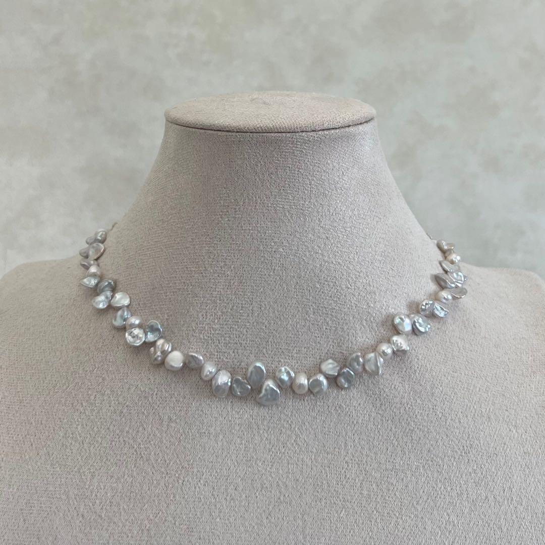 花びらケシパール一連ネックレス　淡水パールネックレス　メタリック　淡水本真珠