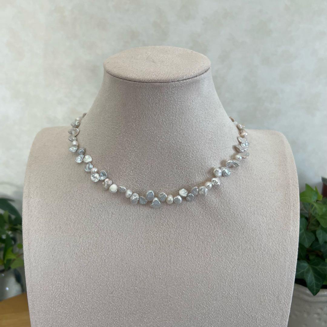 花びらケシパール一連ネックレス　淡水パールネックレス　メタリック　淡水本真珠