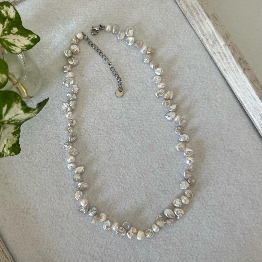 花びらケシパール一連ネックレス　淡水パールネックレス　メタリック　淡水本真珠