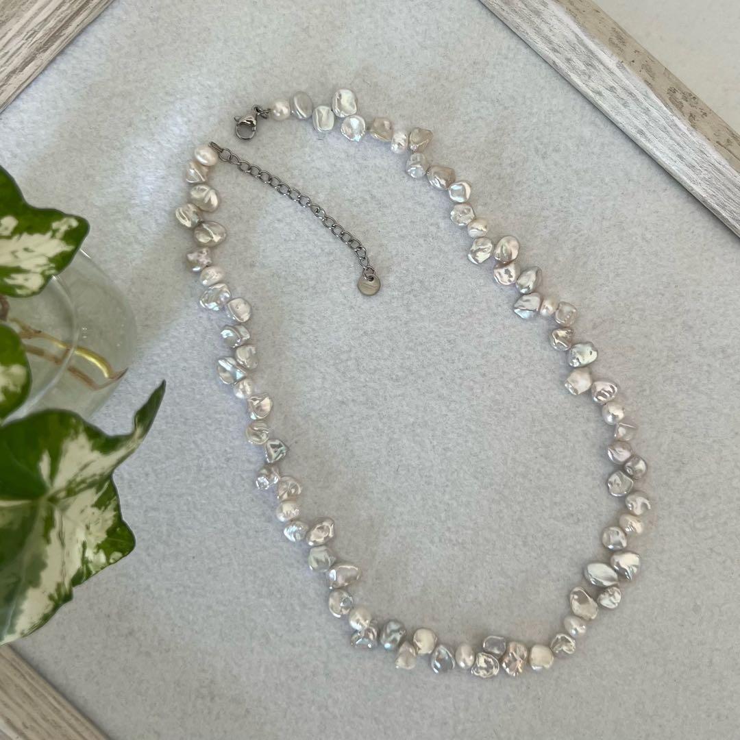 花びらケシパール一連ネックレス　淡水パールネックレス　メタリック　淡水本真珠