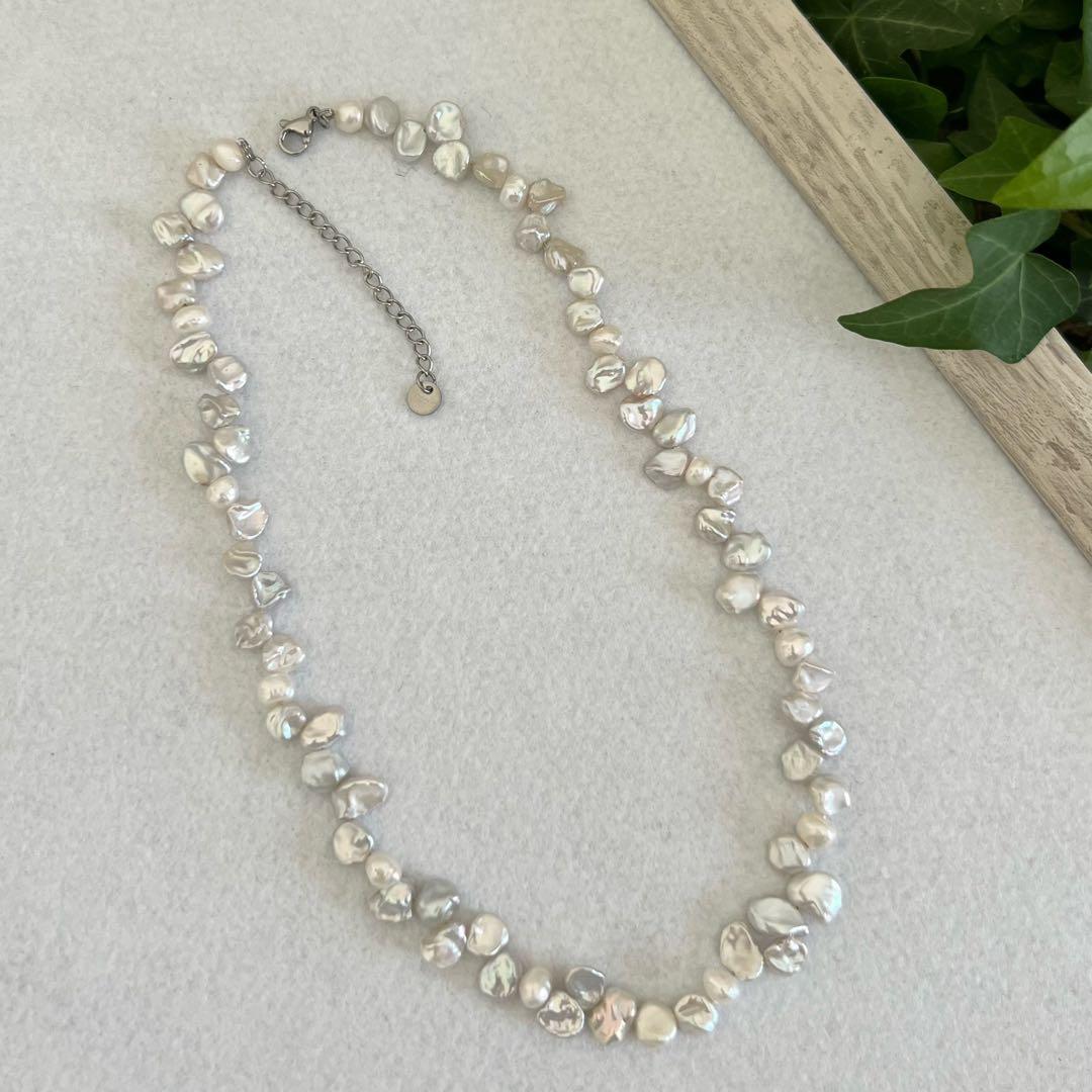 花びらケシパール一連ネックレス　淡水パールネックレス　メタリック　淡水本真珠