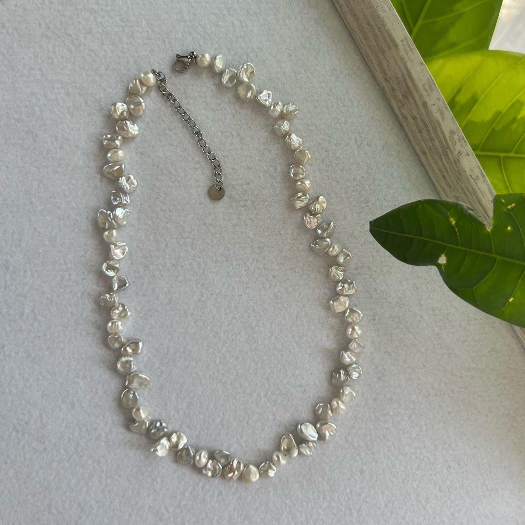 花びらケシパール一連ネックレス　淡水パールネックレス　メタリック　淡水本真珠